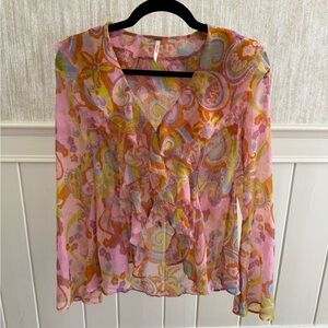 Free People Pink and Yellow Ruffled Long Sleeve Blouse